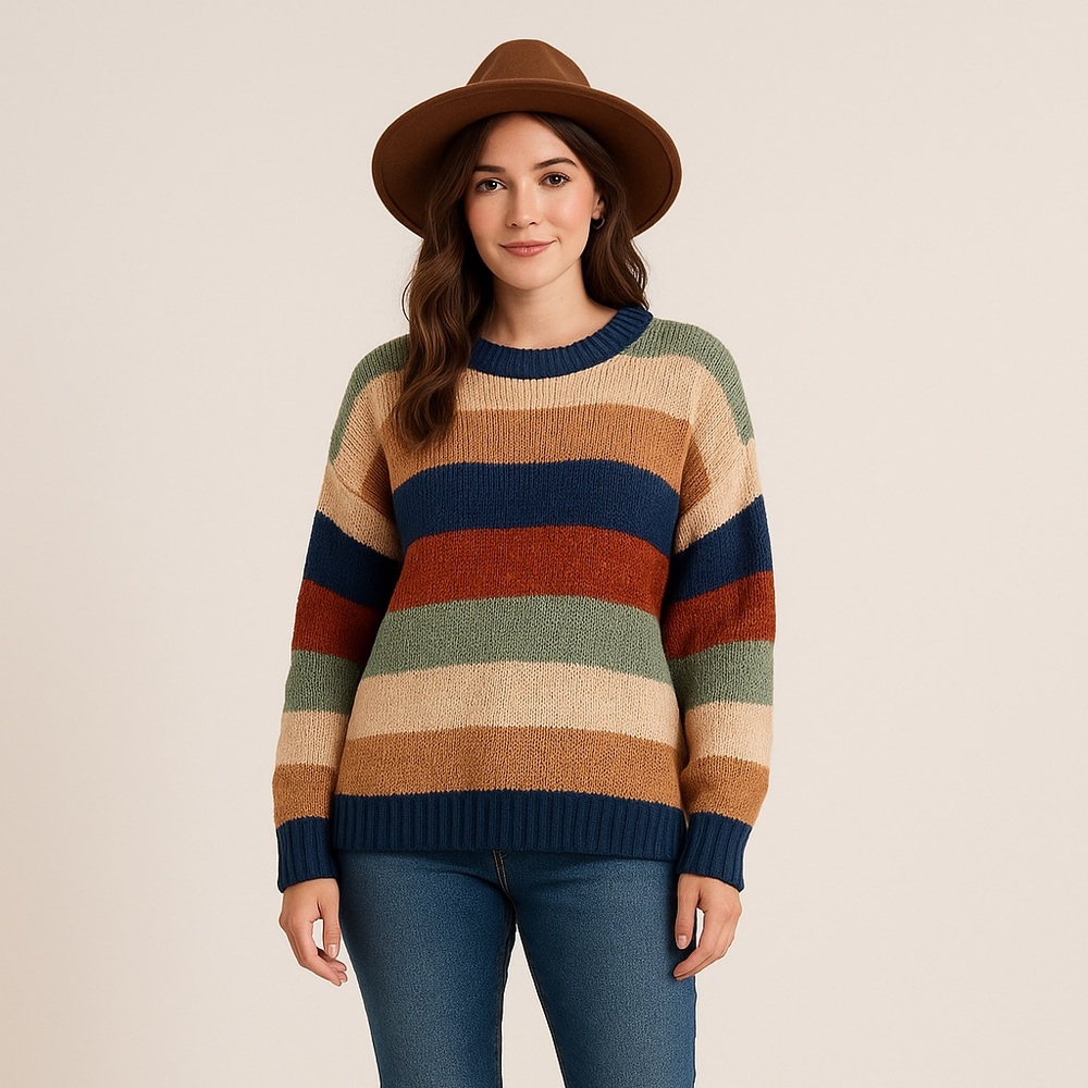 🆕 Warm & Cozy | Textured Striped Multicolor Colorblock Women Knit Sweater NWOT